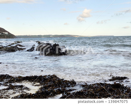 Empty Ocean Beach With Stormy Waves Background Empty Ocean Beach With Stormy Waves Background 139847075