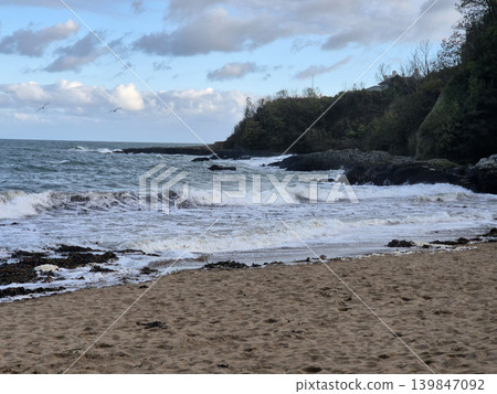 Empty Ocean Beach With Stormy Waves Background Empty Ocean Beach With Stormy Waves Background 139847092