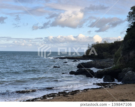 Empty Ocean Beach With Stormy Waves Background Empty Ocean Beach With Stormy Waves Background 139847106