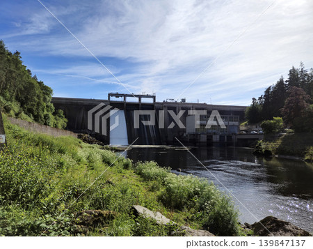 Cloudy Sky Over a Fluvial Landscape with a Tree and Bridge Cloudy Sky Over a Fluvial Landscape with a Tree and Bridge 139847137