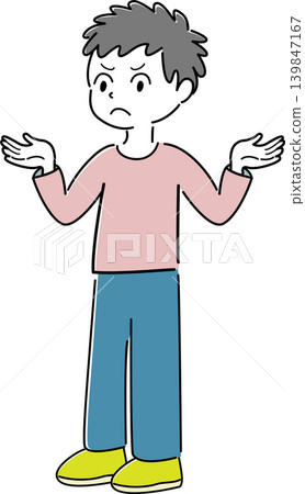 A simple full-body illustration of a man with his arms outstretched in annoyance (anger, dissatisfaction, warning, confusion, helplessness, character image). A simple full-body illustration of a man with his arms outstretched in annoyance (anger, dissatisfaction, warning, confusion, helplessness, character image). 139847167