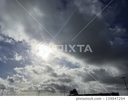 Clear Blue Sky with Cumulus Clouds Over Asphalt Road in Morning Light, cloud, sky, atmosphere, daytime, sunlight, cumulus, horizon, morning, asphalt, natural landscape, blue sky, fluffy clouds, 139847204
