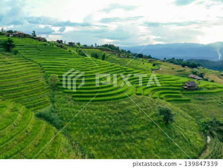 Landscape of green rice terraces and traditional huts in a village near Chiangmai, Thailand. Travel destinations. Beauty of terraced rice fields. Rural life and traditional farming practices in Asia. Landscape of green rice terraces and traditional huts in a village near Chiangmai, Thailand. Travel destinations. Beauty of terraced rice fields. Rural life and traditional farming practices in Asia. 139847339