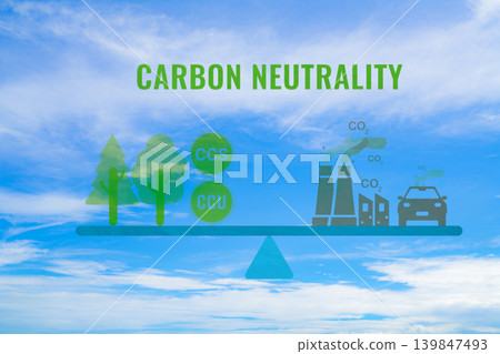 Carbon neutrality concept. CO2 emissions from factory and transport pollution counterweighted by forest absorption and CCU, CCS, capture technology. Climate action. CO2 neutral balancing scale. Carbon neutrality concept. CO2 emissions from factory and transport pollution counterweighted by forest absorption and CCU, CCS, capture technology. Climate action. CO2 neutral balancing scale. 139847493