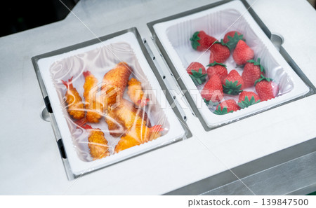 Vacuum sealed food trays with chicken and strawberry inside industrial packaging machine in modern factory. Food processing, hygiene control, automation technology, and safe meal preparation. Vacuum sealed food trays with chicken and strawberry inside industrial packaging machine in modern factory. Food processing, hygiene control, automation technology, and safe meal preparation. 139847500