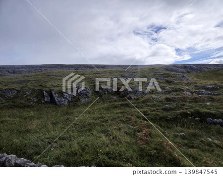 Cloudy Sky Over Natural Landscape with Bedrock and Grassland Terrain 139847545