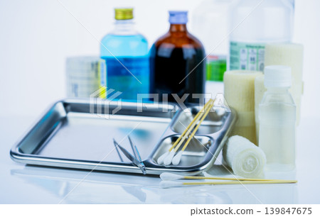 Medical equipment for treating infections. Wound care dressing set. Medical supplies for nurses. Conform bandage, forceps, cotton stick, alcohol. Sterile dressing materials. Healthcare equipment. 139847675