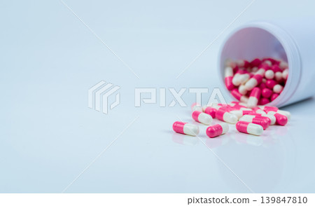 Pink and white capsule pills spilling from bottle, antipsychotic medication for depression and anxiety treatment. Global healthcare. Pharmaceutical industry, mental health therapy and pharmacy use. Pink and white capsule pills spilling from bottle, antipsychotic medication for depression and anxiety treatment. Global healthcare. Pharmaceutical industry, mental health therapy and pharmacy use. 139847810