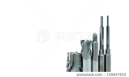 Special tools isolated on white background. Made to order special tools. Coated step drill and reamer detail. HSS cemented carbide. Carbide cutting tool for industrial applications. Engineering tools. Special tools isolated on white background. Made to order special tools. Coated step drill and reamer detail. HSS cemented carbide. Carbide cutting tool for industrial applications. Engineering tools. 139847858