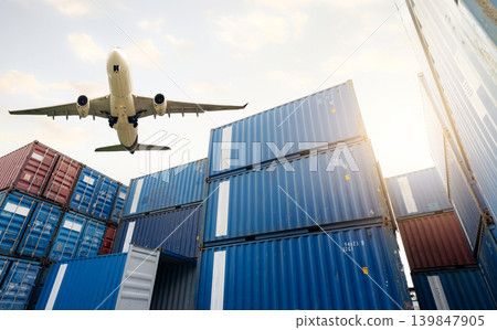 Air logistics. Cargo airplane flying above stack of logistic container. Cargo and shipping business. Container ship for export logistic. Logistic industry from port to port. Freight transportation. 139847905