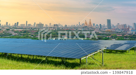 Sustainable city with green energy and net zero emissions. Solar power. Renewable resources. Eco-friendly urban planning and environmental conservation. Carbon neutrality. Eco-conscious infrastructure 139847918