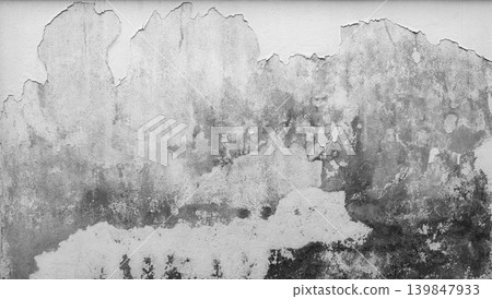 Old white concrete wall with peeling paint and cracked cement surface, abstract texture background showing deterioration over time and weathered material for grunge design and architectural backdrop. Old white concrete wall with peeling paint and cracked cement surface, abstract texture background showing deterioration over time and weathered material for grunge design and architectural backdrop. 139847933