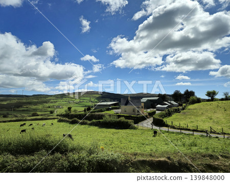 Beautiful Green Valley And Fields Of Ireland Under Deep Blue Summer Sky Natural Background 139848000