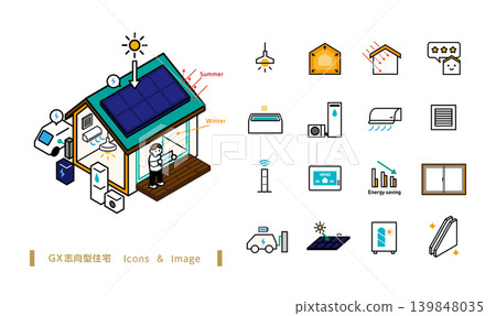 面向GX住宅的等距插圖和圖示。高氣密性與高隔熱性、HEMS、ZEH、被動式設計、太陽輻射 面向GX住宅的等距插圖和圖示。高氣密性與高隔熱性、HEMS、ZEH、被動式設計、太陽輻射 139848035