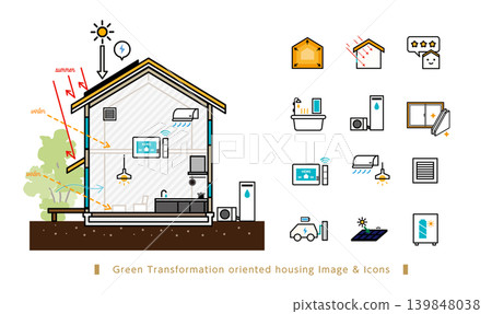 面向GX住宅的向量插圖和圖示。高氣密性與高隔熱性、HEMS、ZEH、被動式設計、太陽輻射 139848038
