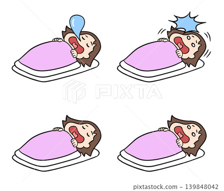 A set of comical illustrations depicting a woman sleeping with a bubble in her nose, then waking up in surprise when it bursts. 139848042