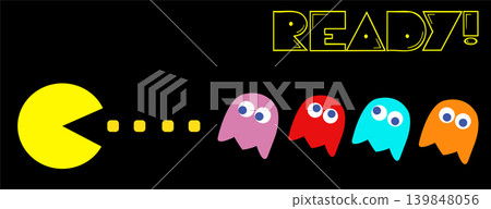 Pac-Man with his enemies vintage game theme Pac-Man with his enemies vintage game theme 139848056
