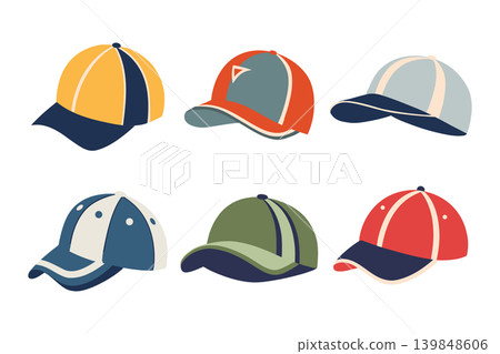 Set of hand drawn baseball caps. Illustration of sporty summer headwear. Set of hand drawn baseball caps. Illustration of sporty summer headwear. 139848606