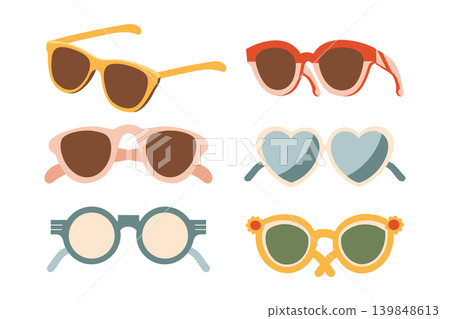 Set of hand drawn sunglasses and retro eyewear. Illustration of trendy sun glasses. Summer icons. Set of hand drawn sunglasses and retro eyewear. Illustration of trendy sun glasses. Summer icons. 139848613