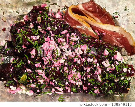 Beetroot salad with cottage cheese and meat Beetroot salad with cottage cheese and meat 139849113