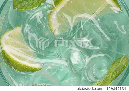 Sparkling mojito cocktail transparent ice macro 139849184
