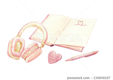 Headphones, pen, and notebook in pastel shades. A cozy pencil illustration for self-care design, events, and meetings. Headphones, pen, and notebook in pastel shades. A cozy pencil illustration for self-care design, events, and meetings. 139849287