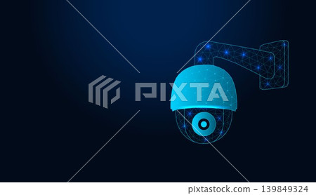 Low poly wireframe security dome camera on dark blue background. Low poly wireframe security dome camera on dark blue background. 139849324