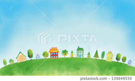 Watercolor-style landscape of houses and trees on a tranquil green hill against a blue sky (16:9) Watercolor-style landscape of houses and trees on a tranquil green hill against a blue sky (16:9) 139849550