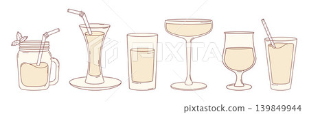 Cocktail Glassware Set with Mason Jar Martini Coupe and Drinking Glasses with straw. Isolated Outline Hand Drawings. Vector Illustration Cocktail Glassware Set with Mason Jar Martini Coupe and Drinking Glasses with straw. Isolated Outline Hand Drawings. Vector Illustration 139849944