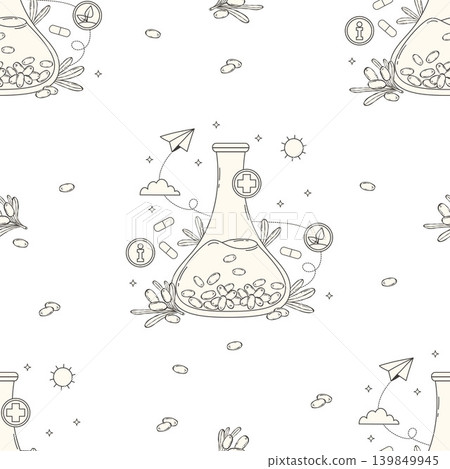 Sea Buckthorn Oil Medical Flask Seamless Pattern. Laboratory Beakers with Botanical Extract , Berries, Capsules and Health Icons on White Background. Outline Vector Illustration 139849945