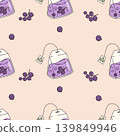 Black Currant Eco Tea Bag Seamless Pattern. Soft Pink Botanical Background with Homemade Healthy Herbal Brew. Vector Illustration for Healthy Family Beverage. Rustic Fruit Infusion Design. 139849946