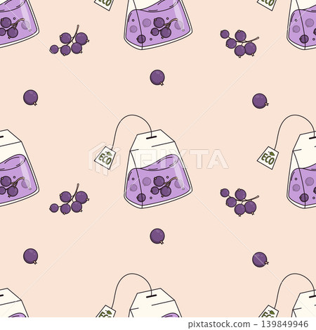 Black Currant Eco Tea Bag Seamless Pattern. Soft Pink Botanical Background with Homemade Healthy Herbal Brew. Vector Illustration for Healthy Family Beverage. Rustic Fruit Infusion Design. 139849946