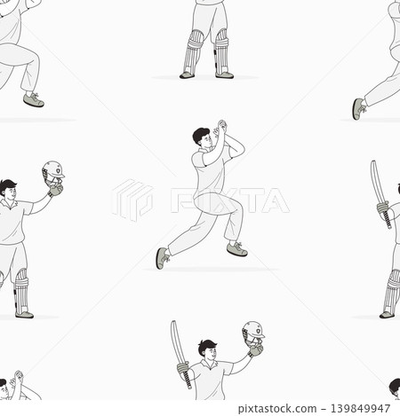 Cricket Players Seamless Pattern. Bowler Throwing Ball And Batsman Celebrating Victory On White Background. Vector Illustration. Sport, Tournament, Championship Wallpaper. Cricket Players Seamless Pattern. Bowler Throwing Ball And Batsman Celebrating Victory On White Background. Vector Illustration. Sport, Tournament, Championship Wallpaper. 139849947