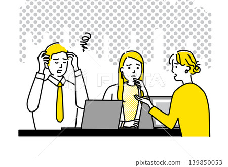 A young man and woman are talking while operating their computers. A young man and woman are talking while operating their computers. 139850053