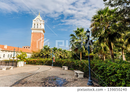 Phu Quoc, Vietnam - January 3 2026: Mediterranean clock tower square in Sunset Town Phu Quoc Phu Quoc, Vietnam - January 3 2026: Mediterranean clock tower square in Sunset Town Phu Quoc 139850240