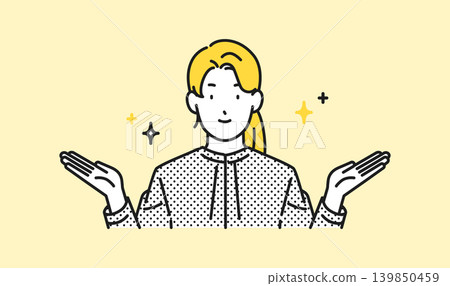 Illustration: A business person with both arms outstretched, introducing something. 139850459