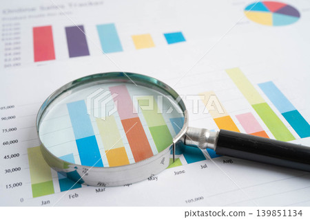 Magnifying glass on charts graphs paper. Financial development, Banking Account, Statistic, Investment Analytic research data economy. 139851134
