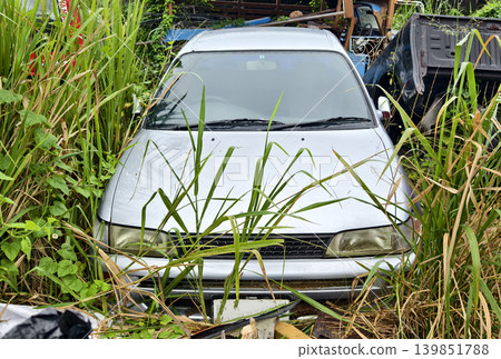 Abandoned jeep lost amidst lush foliage and decay Abandoned jeep lost amidst lush foliage and decay 139851788