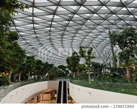 Contemporary glass enclosed indoor garden filled with abundant verdant foliage and sunlight 139851989