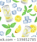 Hand drawn seamless pattern with a glass of lemonade, ice cubes, mint leaves and a half of a lemon. Yellow lemon, green mint leaves and ice cubes on a white background for graphic design. 139852785