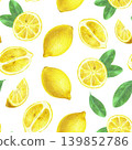 Hand drawn seamless pattern with a yellow lemon with green leaves and a half of a lemon. Yellow lemon on a white background for graphic design.  139852786