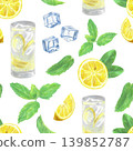 Hand drawn seamless pattern with a glass of lemonade, ice cubes, mint leaves and a half of a lemon. Yellow lemon, green mint leaves and ice cubes on a white background for graphic design. 139852787