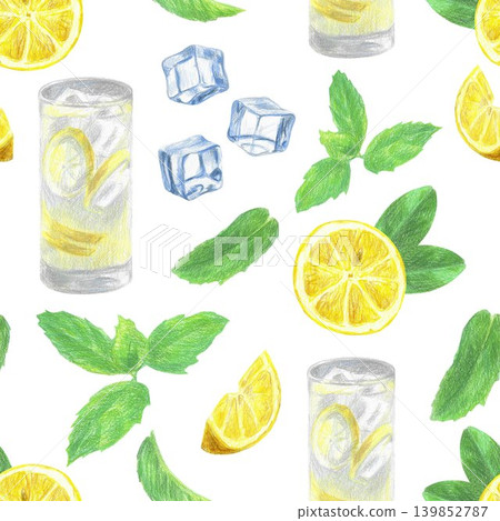 Hand drawn seamless pattern with a glass of lemonade, ice cubes, mint leaves and a half of a lemon. Yellow lemon, green mint leaves and ice cubes on a white background for graphic design. 139852787