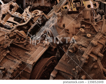 Rusted engine parts and corroded gears scattered across the sandy ground Rusted engine parts and corroded gears scattered across the sandy ground 139852849