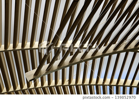 Glass canopy showcasing repeating geometric frames and day light 139852970