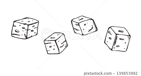 Monochrome blue cheese cubes set vector illustration on isolated background. Hand drawn food ingredient black ink sketch in linear style. Elements for recipes, cooking blogs, and culinary poster. Monochrome blue cheese cubes set vector illustration on isolated background. Hand drawn food ingredient black ink sketch in linear style. Elements for recipes, cooking blogs, and culinary poster. 139853992