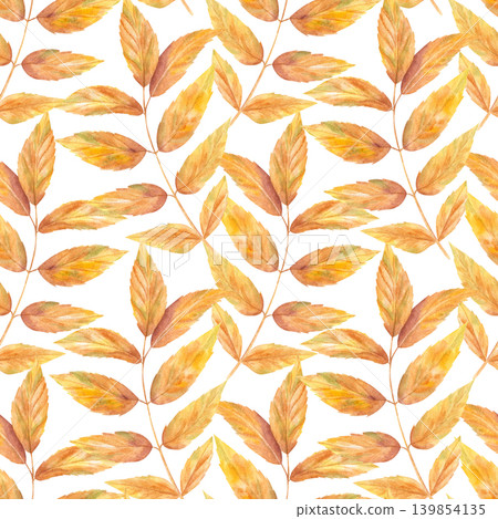 Watercolor autumn yellow orange leaves seamless pattern on isolated background. Fall Ash foliage repeated illustration for print, textile design, stationery wrapping paper and season decor Watercolor autumn yellow orange leaves seamless pattern on isolated background. Fall Ash foliage repeated illustration for print, textile design, stationery wrapping paper and season decor 139854135