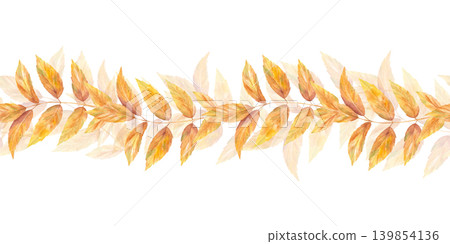 Watercolor yellow autumn leaves seamless border on isolated background. Fall foliage horizontal banner. Botanical ornate for seasonal design decoration and stationery. Watercolor yellow autumn leaves seamless border on isolated background. Fall foliage horizontal banner. Botanical ornate for seasonal design decoration and stationery. 139854136