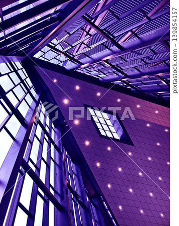 Bright atrium skylight looking upward, converging steel beams and glass panels creating layered. Bright atrium skylight looking upward, converging steel beams and glass panels creating layered. 139854157