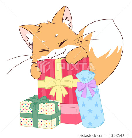 A fox is overjoyed with its present. A fox is overjoyed with its present. 139854231